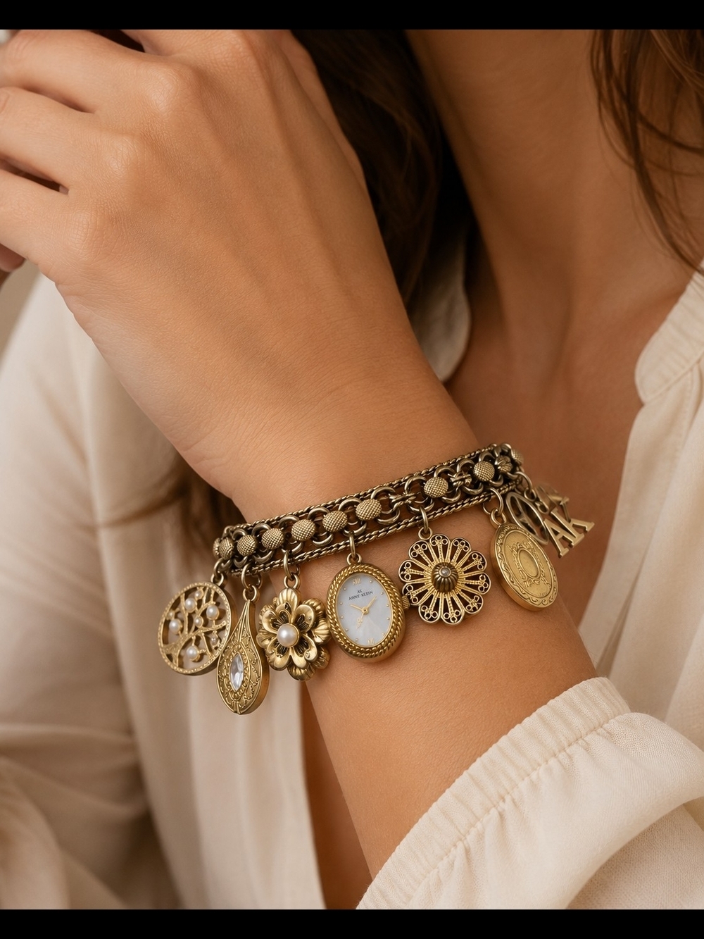 Anne Klein AK Vintage Gold Tone Charm Bracelet Watch Mother of Pearl Dial